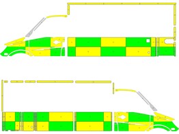 Striping Mercedes Sprinter Kastopbouw Strobel Battenburg Groen/Geel/Wit  links   rechts 