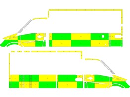 Striping Mercedes Sprinter Kastopbouw Battenburg Groen/Geel/Wit  links   rechts 