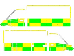 Striping Mercedes Sprinter Strobel Box Body - Battenburg T11500 Grun / Gelb / Wei  KIT  links   rech