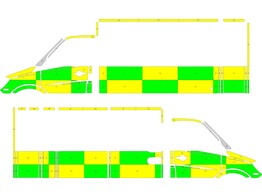 Striping Mercedes Sprinter Kastopbouw Strobel Battenburg Groen/Geel/Wit  links   rechts 