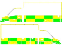 Striping Mercedes Sprinter Kastopbouw Battenburg Groen/Geel/Wit  links   rechts 