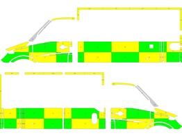 Striping Mercedes Sprinter Kastopbouw Strobel Battenburg Groen/Geel/Wit  links   rechts 