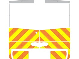 Striping Renault Trafic/Opel Vivaro 2014 H1 - Half Chevrons Laadklep  onder vensters  V8000 Oranje/Geel/Wit 10 cm
