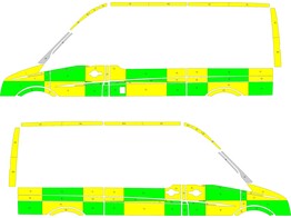 Striping Volkswagen Crafter 2012 L2H2 Battenburg Avery Prismatic T11500 Groen/Geel/Wit  links   rechts  1 schuifdeur rechts Carrosserie Dirix 1-CUP-908